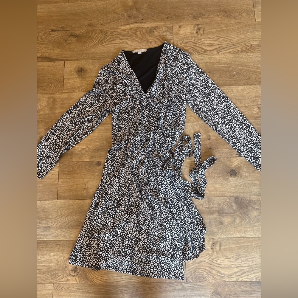 LOFT Leopard Print Wrap Dress Womens 14 Black White 3/4 Sleeve Knee Length